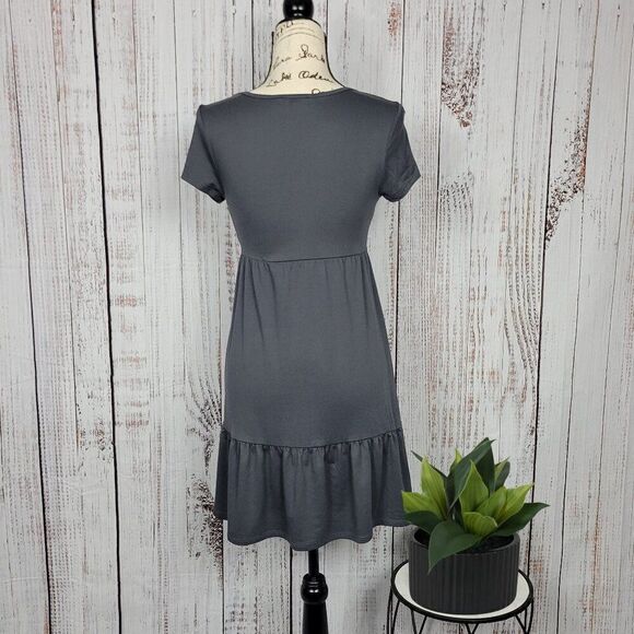 PINK ROSE Grey Scoop Neck Chic Drop Waist Short Sleeve Summer Ruffle Sun Dress - Picture 2 of 7